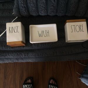 Rae Dunn White and Brown Bathroom Set - Rinse, Wash, Store